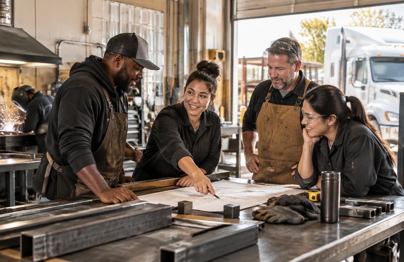 Small business team reviewing plans in a fabrication workshop