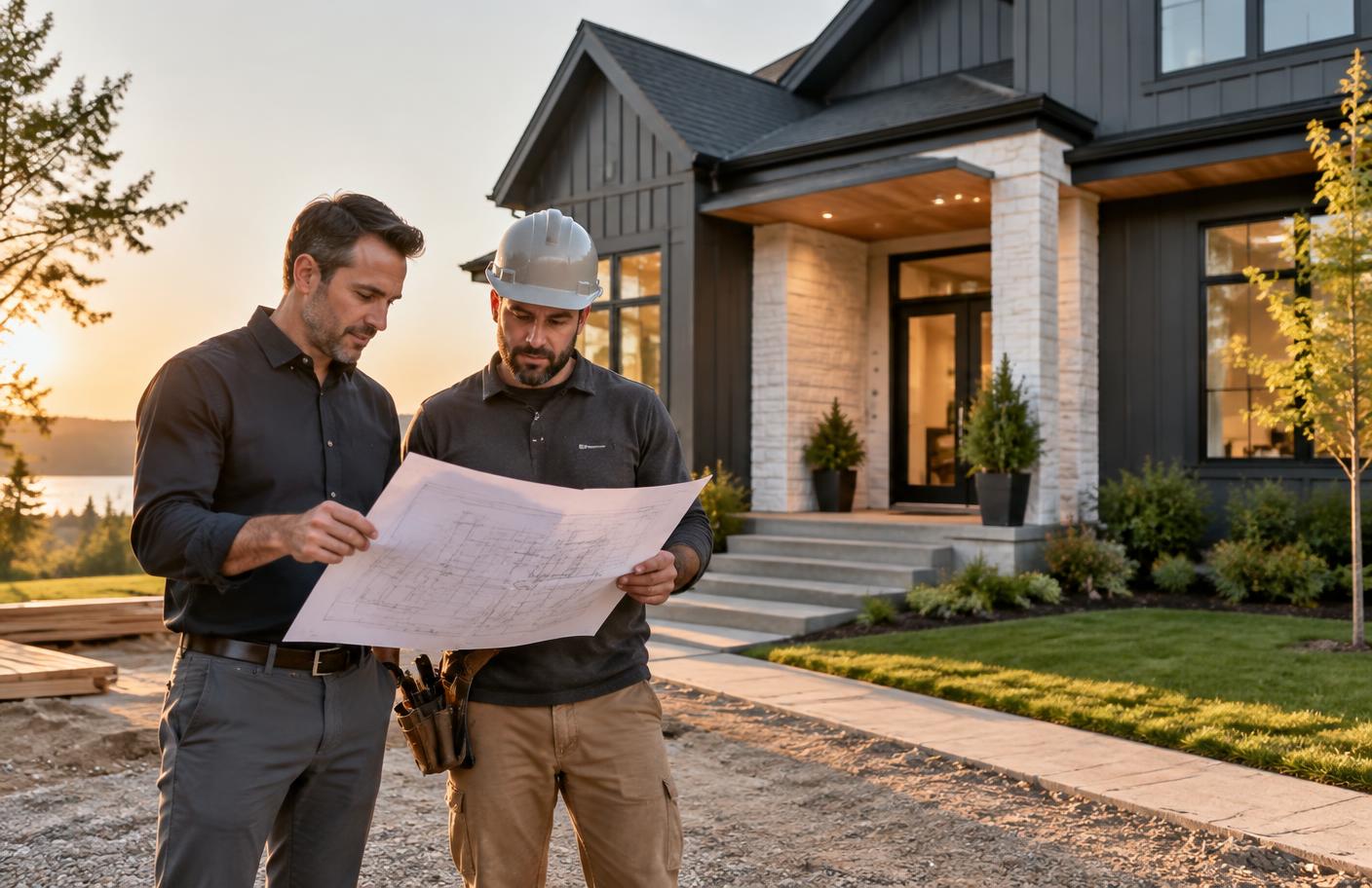 Real estate investor and contractor reviewing plans at a residential property